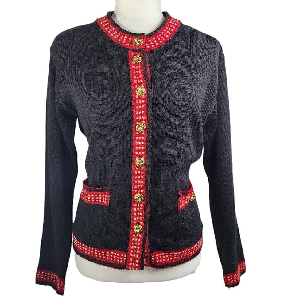 Vintage 80s 90s Next Directory UK Black Red Gold Wool Cardigan Sweater